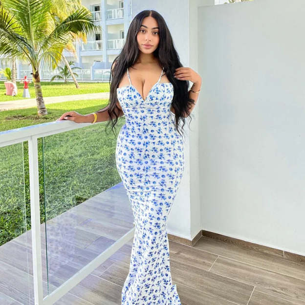 Women's Floral Off Shoulder Lace Up Deep V Neck  Long Dress