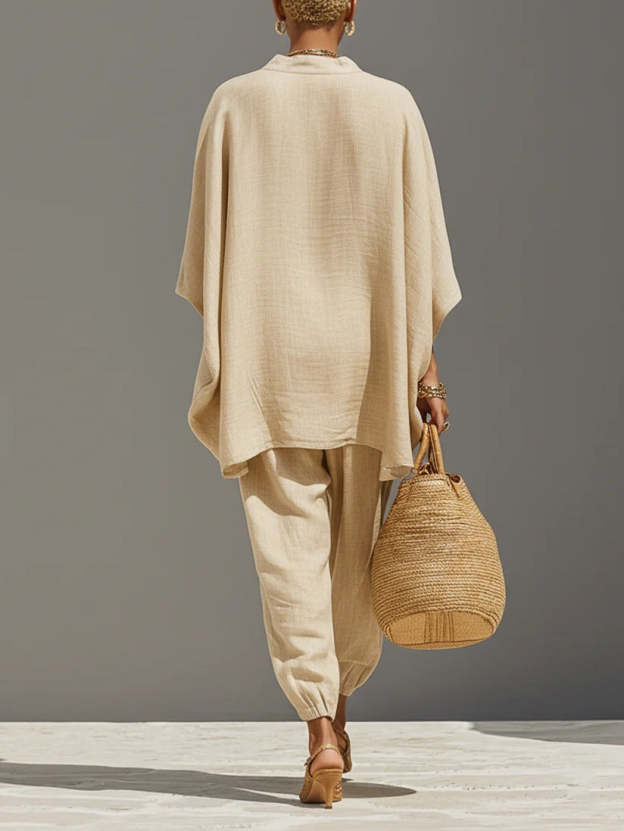 Light Khaki Minimalist Asymmetrical Hem Top And Jogger Pants Suit