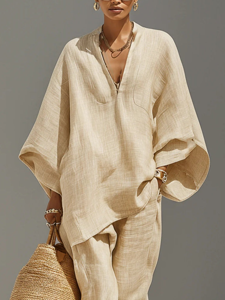 Light Khaki Minimalist Asymmetrical Hem Top And Jogger Pants Suit