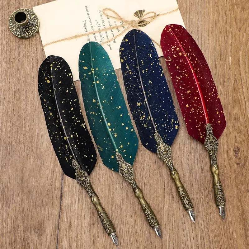 New year Sale✨ - Handcrafted Vintage Feather Pen and Ink Set(Include Stand & Replaceable Nibs)