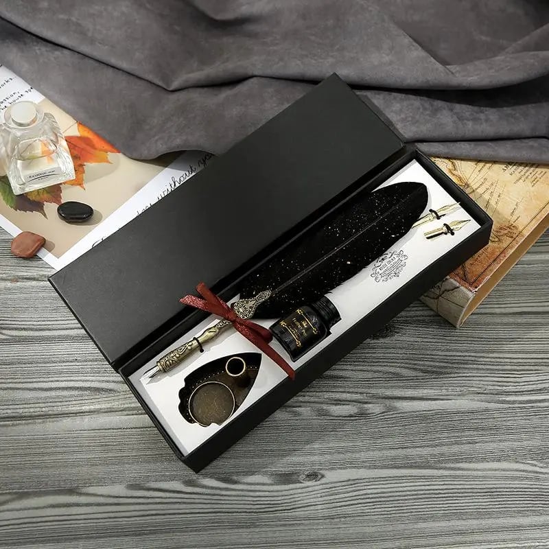 New year Sale✨ - Handcrafted Vintage Feather Pen and Ink Set(Include Stand & Replaceable Nibs)