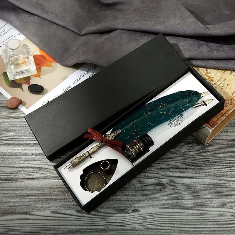 New year Sale✨ - Handcrafted Vintage Feather Pen and Ink Set(Include Stand & Replaceable Nibs)