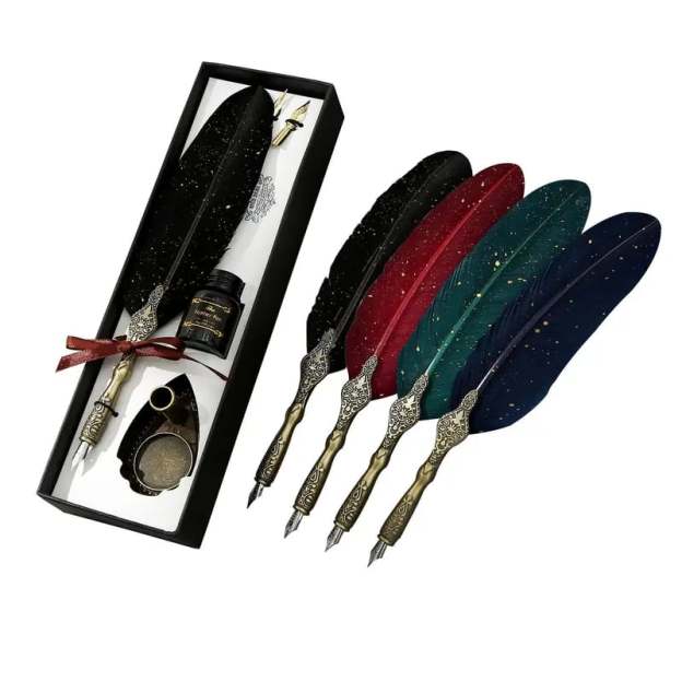 New year Sale✨ - Handcrafted Vintage Feather Pen and Ink Set(Include Stand & Replaceable Nibs)