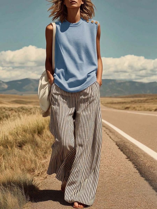 Women's Solid-color Round-neck Sleeveless Loose-fit Cotton Top & High-waisted Striped Wide-leg Cotton Pants Set
