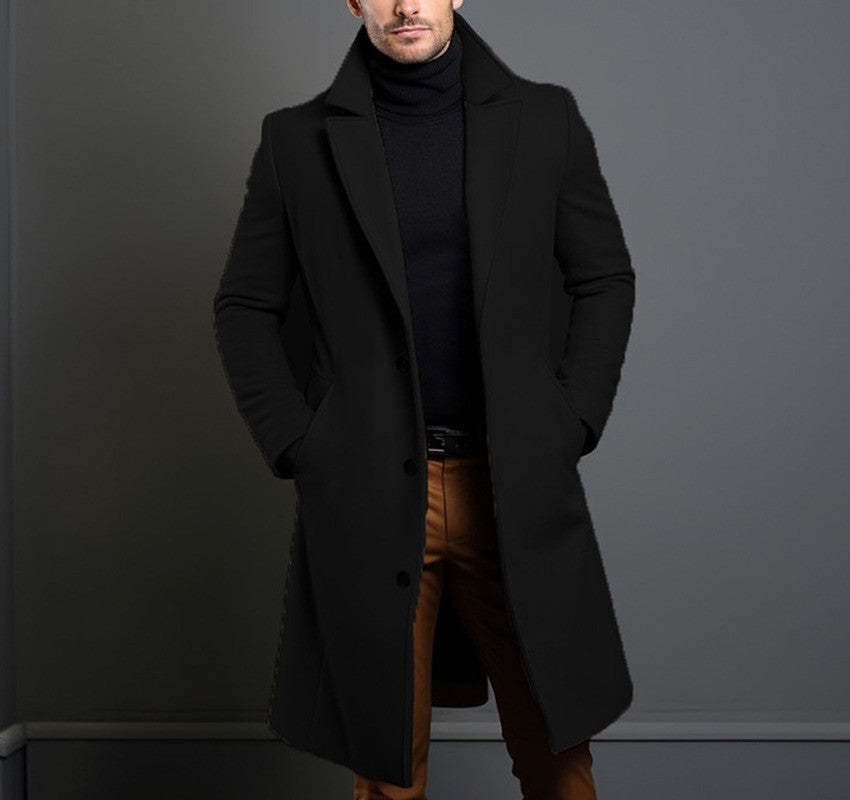 Men's Mid-length Trench Coat Fall Winter Slim Pockets Single-breasted 