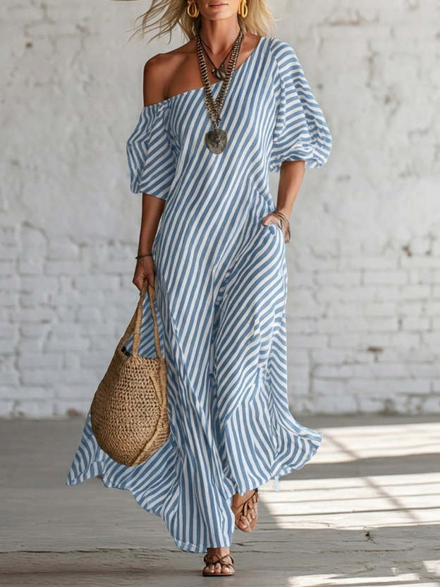 Elegant And Classic Striped Off-shoulder Maxi Dress