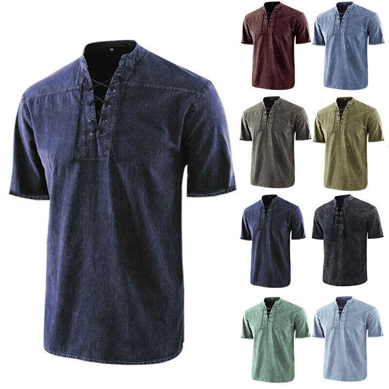 Men Gothic Retro T Shirt Lace-up V-neck Linen Pocket Short Sleeve Tee Shirt Loose Tops