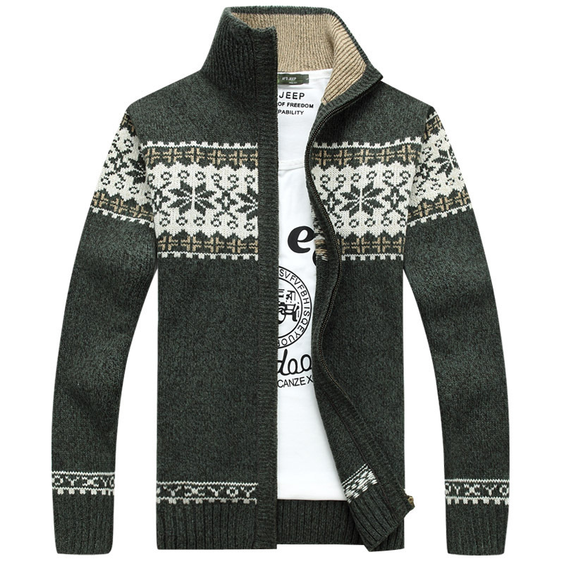 Men's winter knitted cardigan sweater - Nordic pattern zipped blended jacket