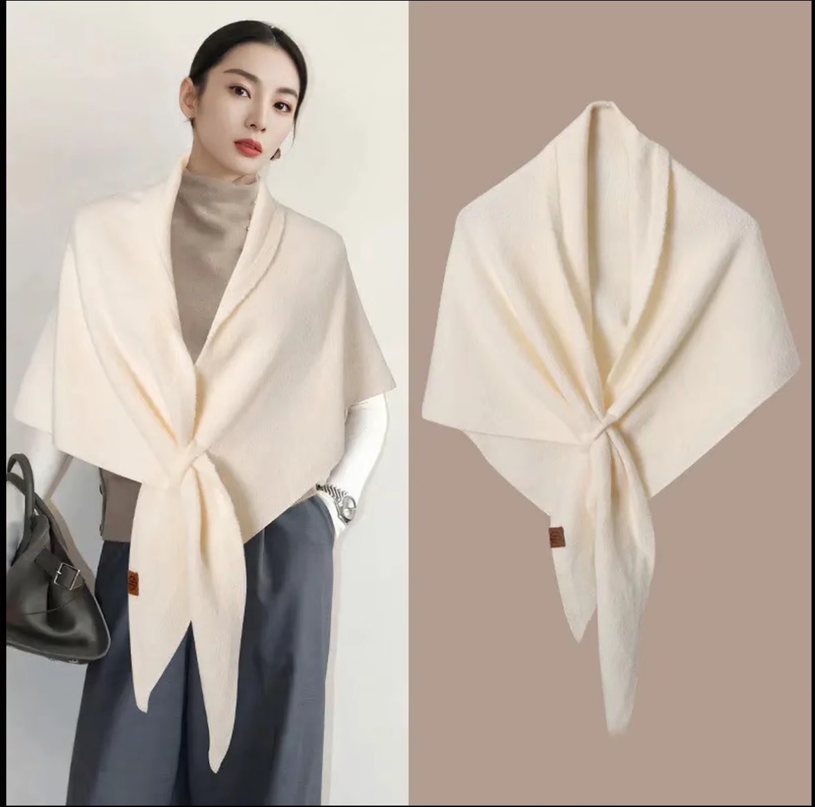 Handmade Cream Wool Blend Shawl: Elegant Winter Poncho Cape