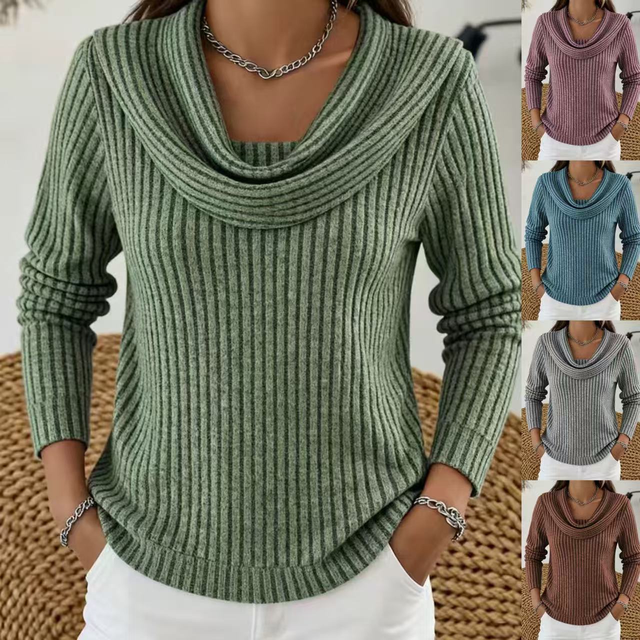 Women's casual loose-fitting fashionable solid-color herringbone long-sleeved knit top