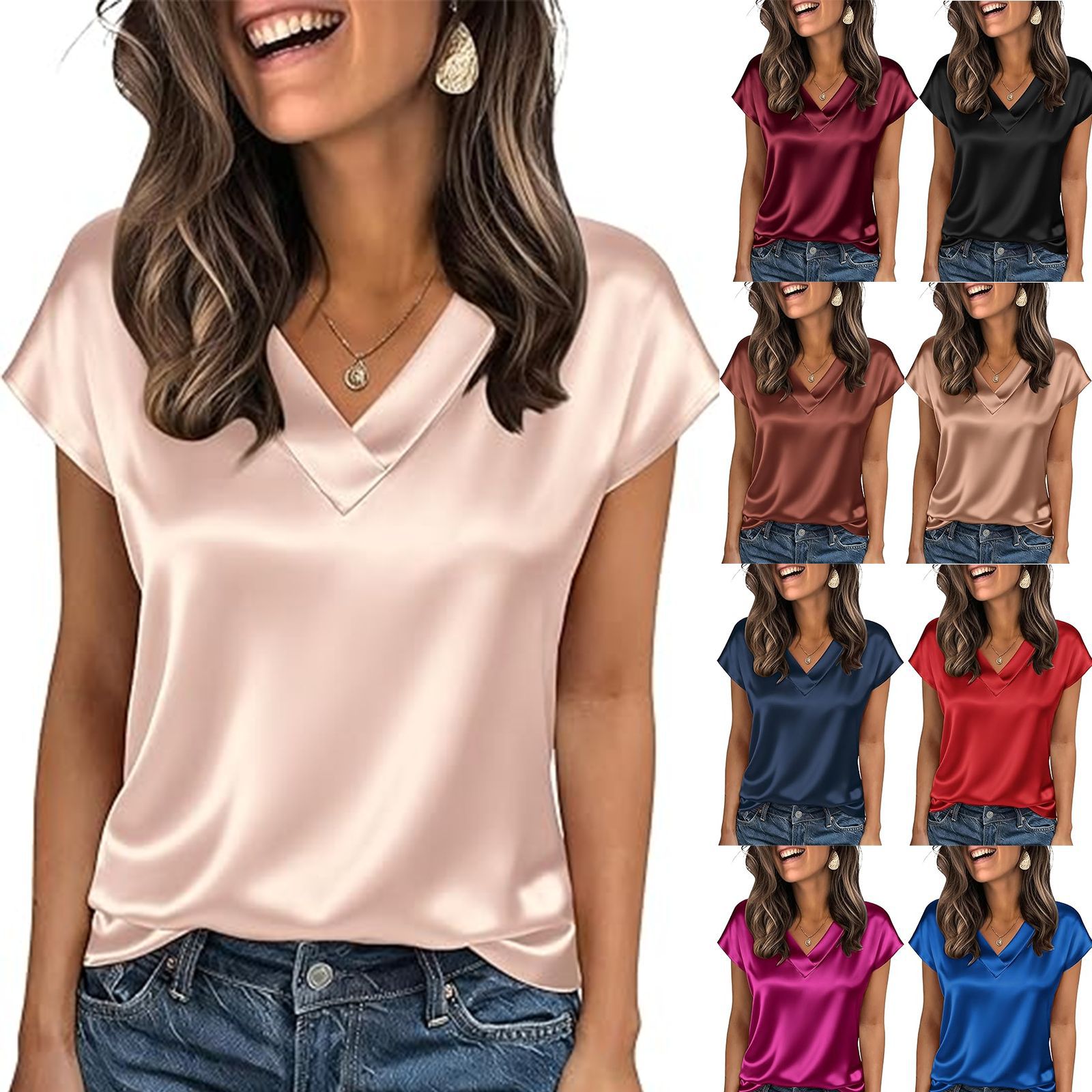 12-color in-stock women's new V-neck satin casual top