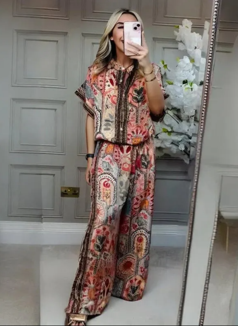 ✨ Stylish 2-Piece Co-ord: Women's Printed Top & Wide Leg Pants 2-Piece Set