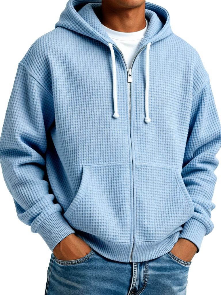  Men's Wear Fashionable Casual Waffle Fabric Zipper Hooded Pockets Loose Coat 