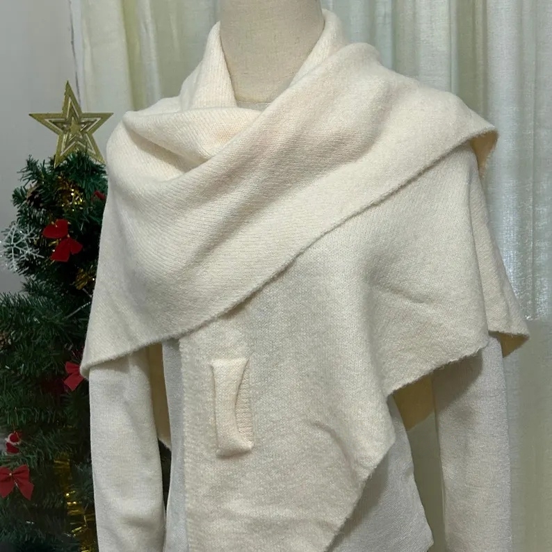 Handmade Cream Wool Blend Shawl: Elegant Winter Poncho Cape