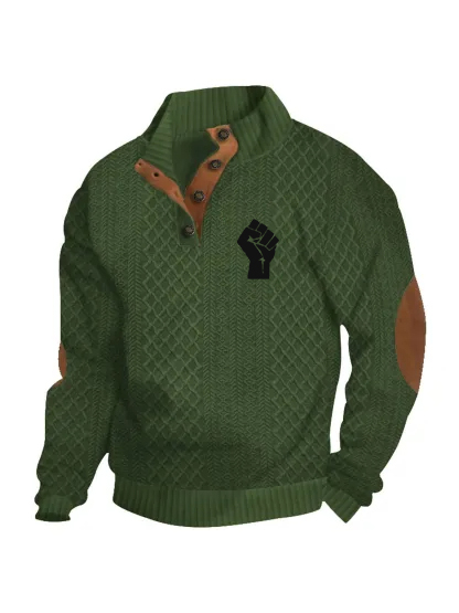 Black History Month Men's Knit Henley Sweater - African American Pride Fist Patch Casual Pullover