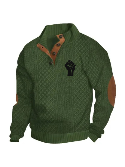 Black History Month Men's Knit Henley Sweater - African American Pride Fist Patch Casual Pullover