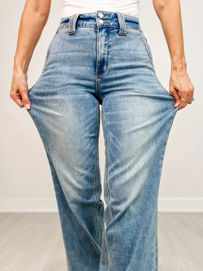 Judy High Rise Double Button Wide Leg Jeans (Buy 2 Free Shipping)