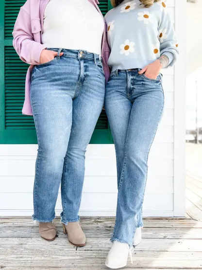 Judy Vintage Double Button Frayed Hem Bootcut Jeans (Buy 2 Free Shipping)
