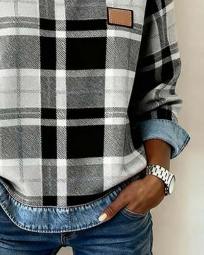 🔥Women's Casual Round Neck Denim Patchwork Pullover Sweatshirt
