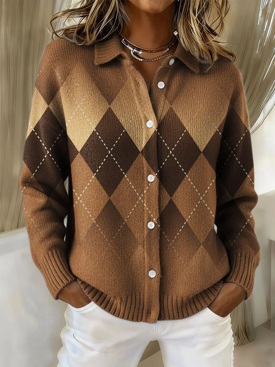 Women's Plaid Print Casual Cotton Buttoned Cardigan Sweater
