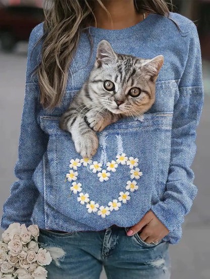 🔥The 50% off🔥:    Women Design 3D Cat Print Pullover Long Sleeve Cute Sweatshirts in 2021 | Long sleeve