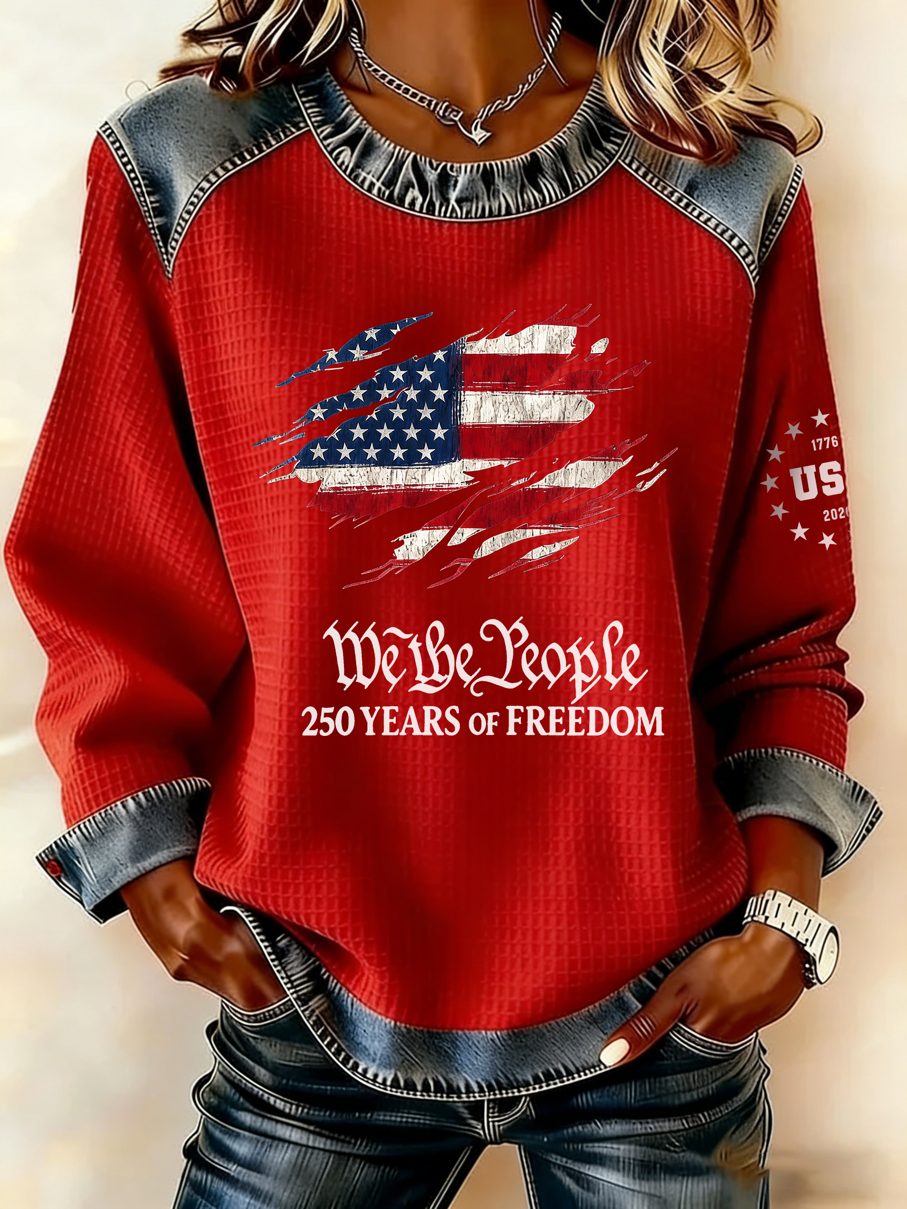 US 250th Anniversary Denim Patchwork Sweatshirt
