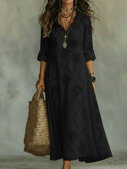 Embroidered V Neck Maxi Dress Casual Fit