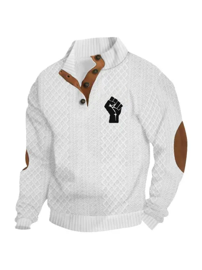 Black History Month Men's Knit Henley Sweater - African American Pride Fist Patch Casual Pullover