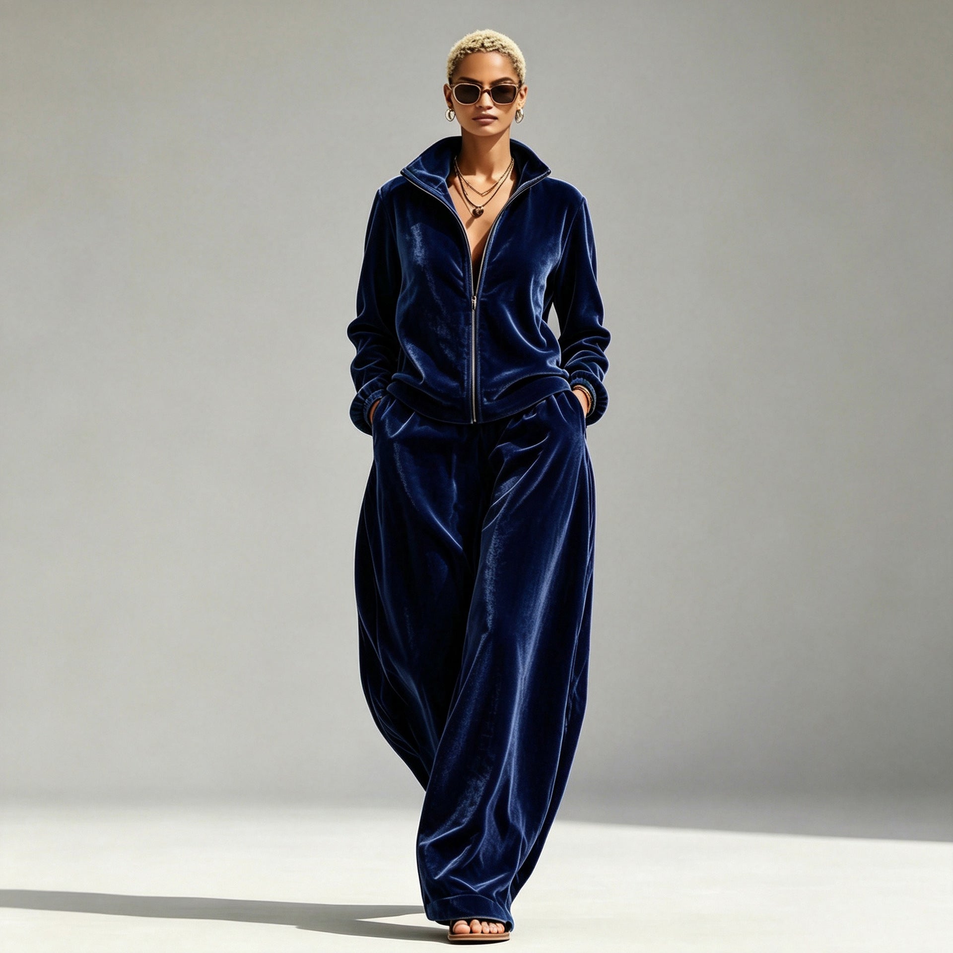 Gold Velvet Mandarin-Collar Jacket & Pants Two-Piece Set – Women's Relaxed Fit