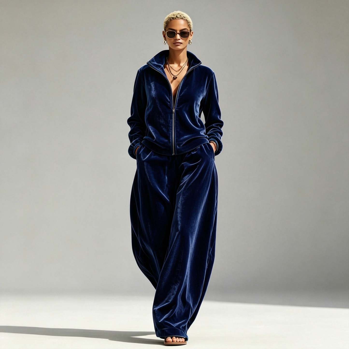 Gold Velvet Mandarin-Collar Jacket & Pants Two-Piece Set – Women's Relaxed Fit