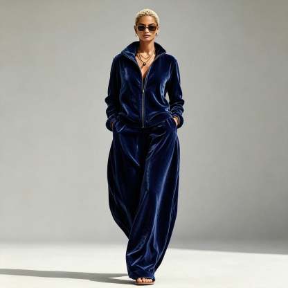 Gold Velvet Mandarin-Collar Jacket & Pants Two-Piece Set – Women's Relaxed Fit