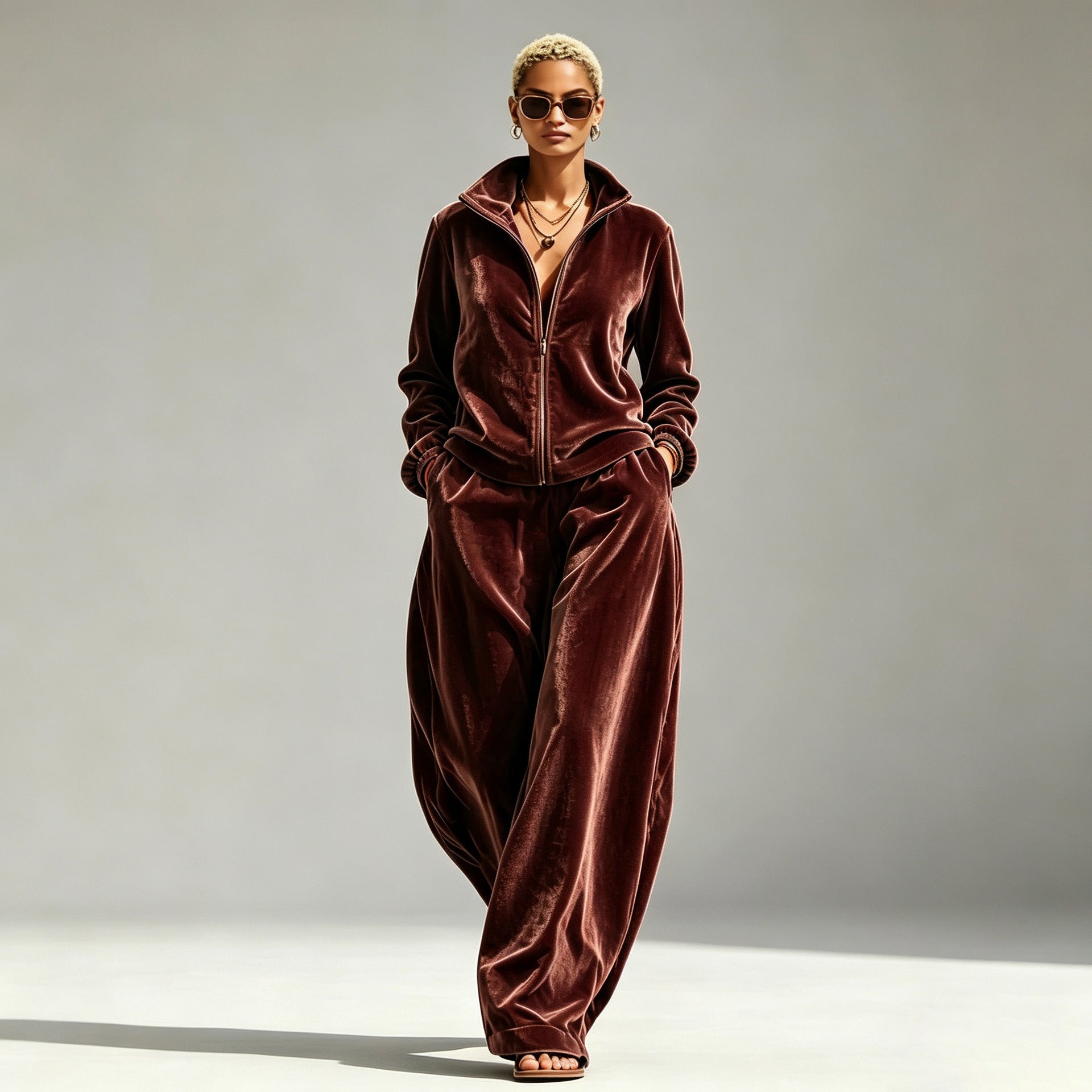 Gold Velvet Mandarin-Collar Jacket & Pants Two-Piece Set – Women's Relaxed Fit