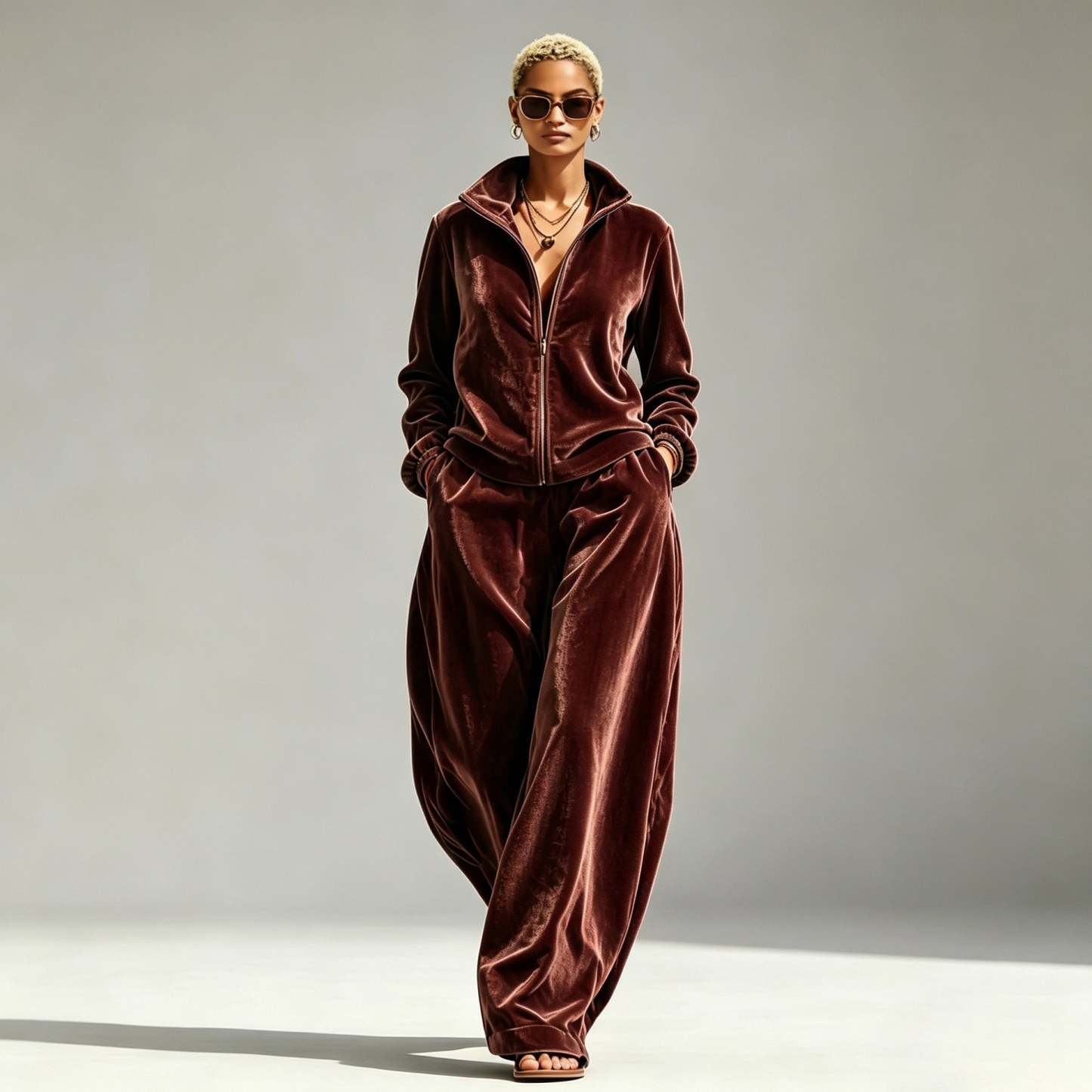 Gold Velvet Mandarin-Collar Jacket & Pants Two-Piece Set – Women's Relaxed Fit