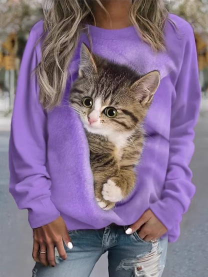 🔥The 50% off🔥:    Women Design 3D Cat Print Pullover Long Sleeve Cute Sweatshirts in 2021 | Long sleeve