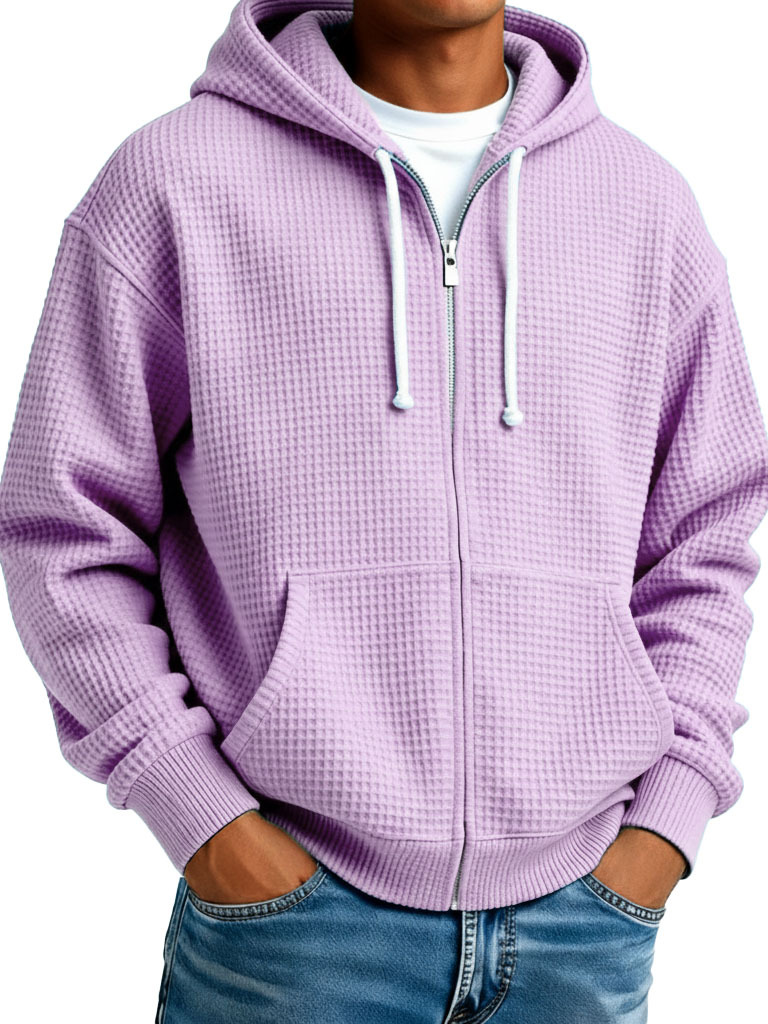  Men's Wear Fashionable Casual Waffle Fabric Zipper Hooded Pockets Loose Coat 