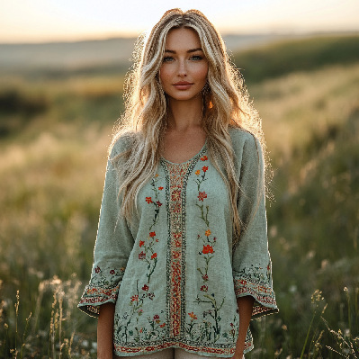 3D Printed Women's Round Neck Long Sleeve Retro Bohemian Style Top