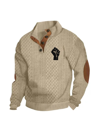 Black History Month Men's Knit Henley Sweater - African American Pride Fist Patch Casual Pullover