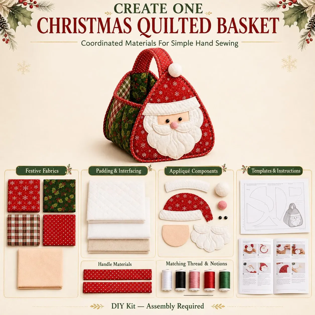 ⏳ Last Day 49% OFF – 🎄 Christmas Character Quilted Carry Basket | Padded Patchwork Fabrics, Layered Appliqué & Soft Carry Handle in DIY Kit or Ready-Made Styles 🎁✨