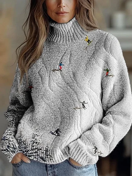 Women's Vintage Lovely Floral Art Print Knit Turtleneck Pullover Sweater