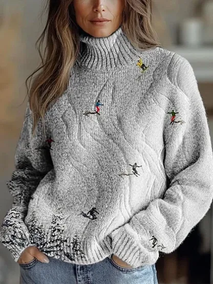 Women's Vintage Lovely Floral Art Print Knit Turtleneck Pullover Sweater
