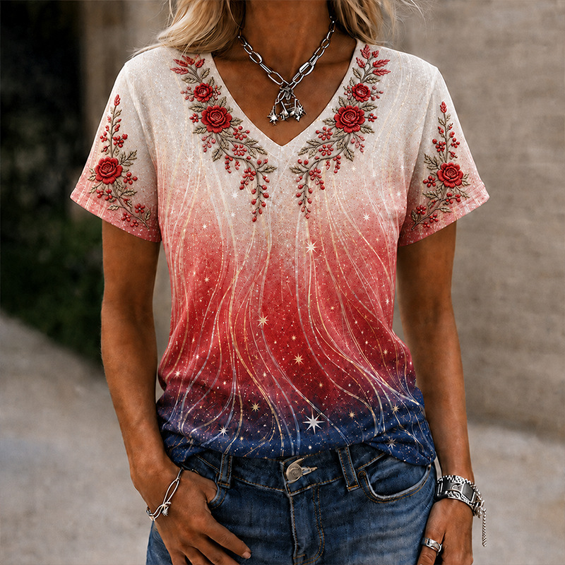 2026 Cross-Border Amazon Foreign Trade Women'S Summer V-Neck Short-Sleeved T-Shirt 3D Digital Printing Women'S Casual Short-Sleeved T-Shirt