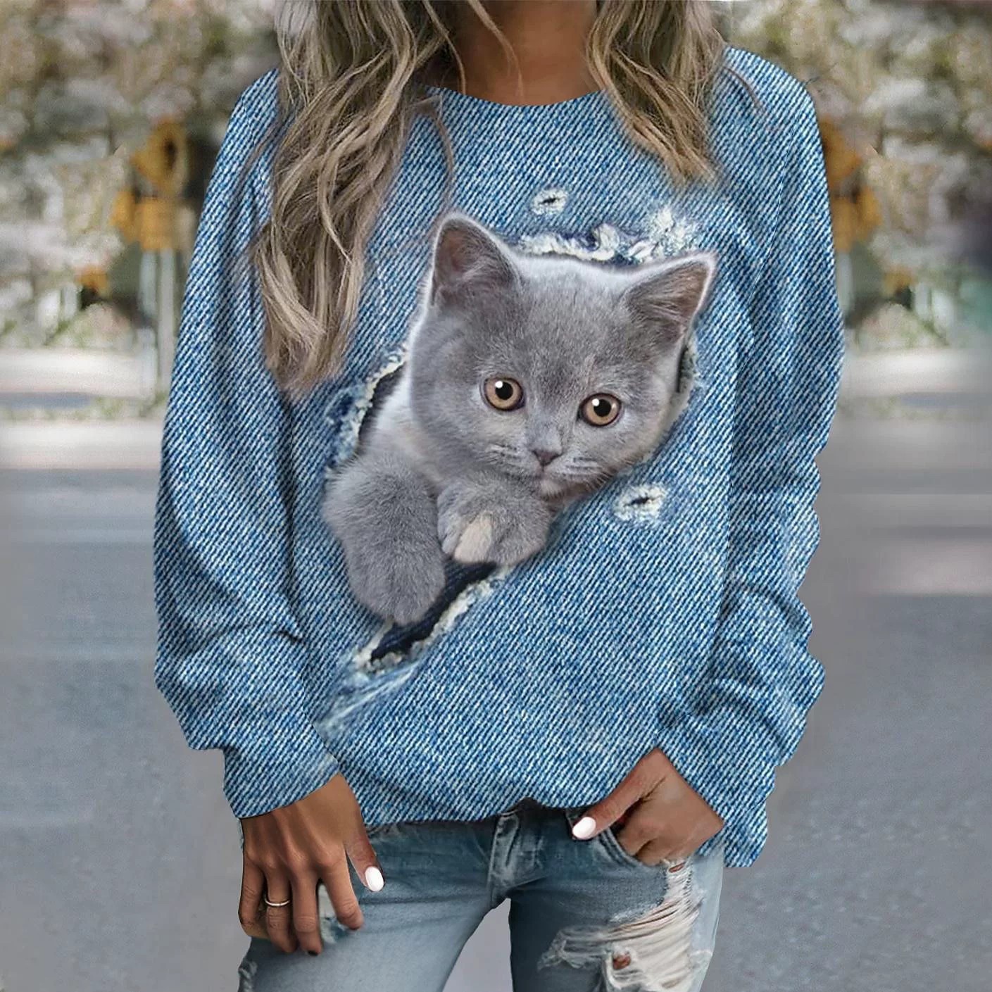 🔥The 50% off🔥:    Women Design 3D Cat Print Pullover Long Sleeve Cute Sweatshirts in 2021 | Long sleeve