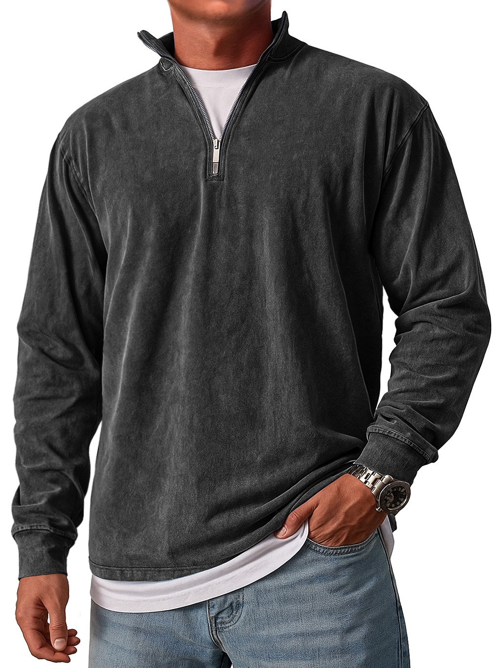 Men's Retro Stand Collar Zipper Casual Loose Solid Color Long Sleeve T-shirt