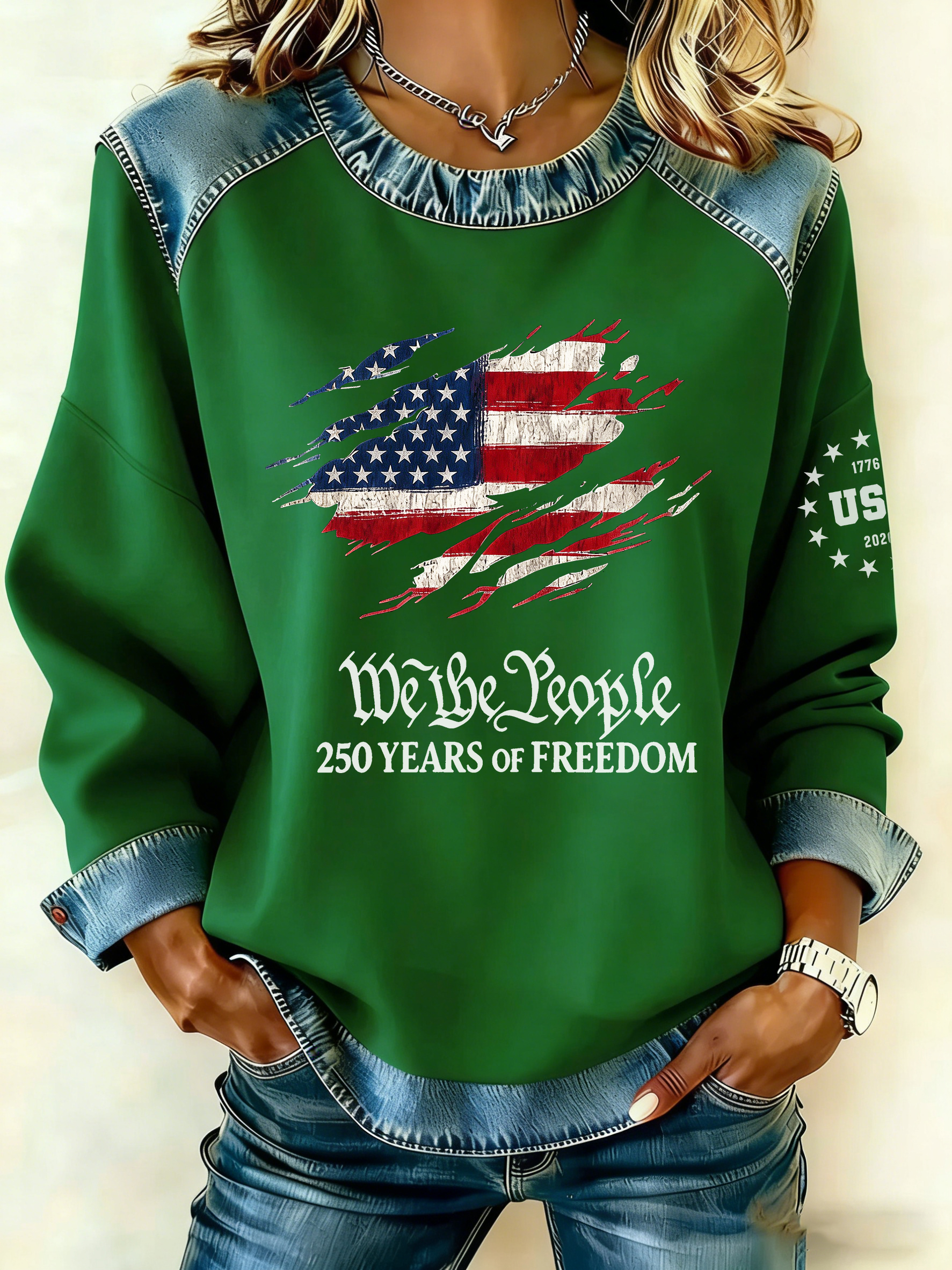 US 250th Anniversary Denim Patchwork Sweatshirt