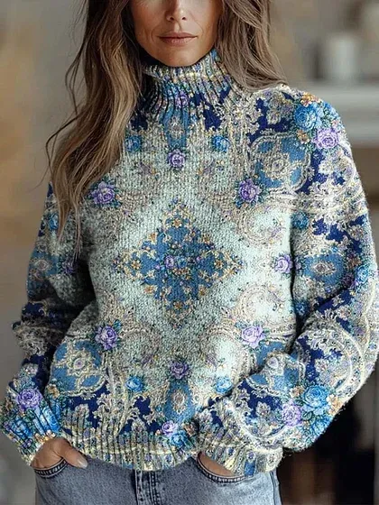 Women's Vintage Lovely Floral Art Print Knit Turtleneck Pullover Sweat