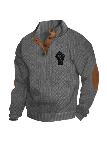 Black History Month Men's Knit Henley Sweater - African American Pride Fist Patch Casual Pullover