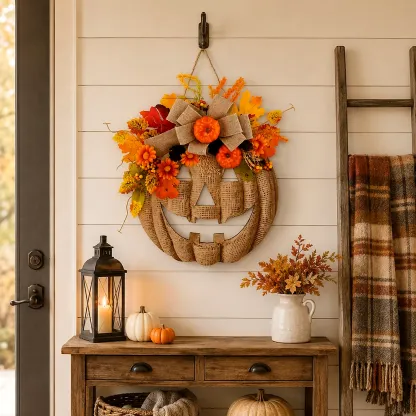 🎃✨ Lighted Burlap Pumpkin Wreath