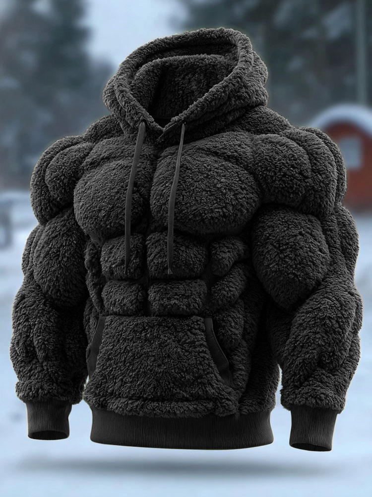 Men's Vintage Muscle Line Art Flannel Warm Cozy Hooded Sweatshirt