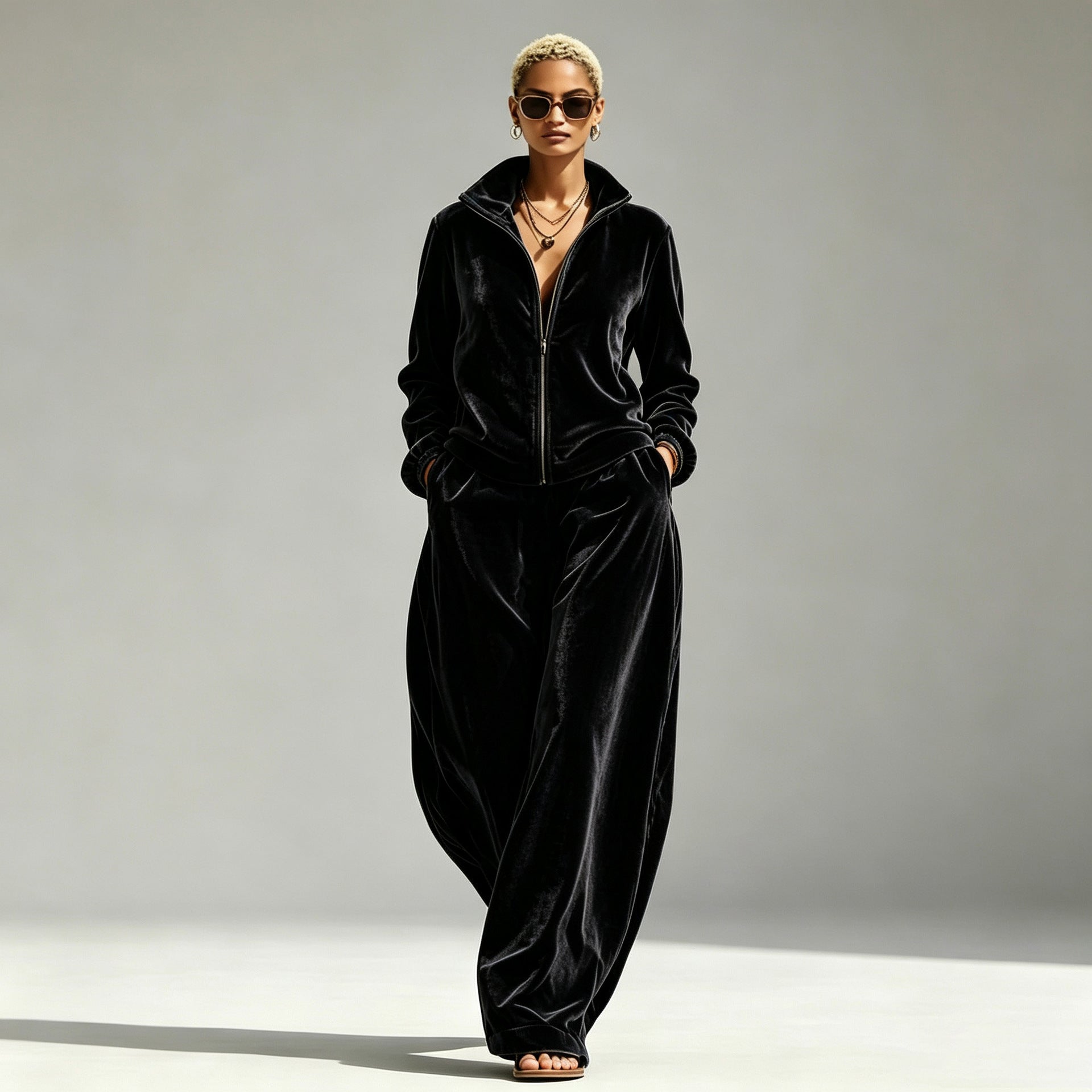 Gold Velvet Mandarin-Collar Jacket & Pants Two-Piece Set – Women's Relaxed Fit