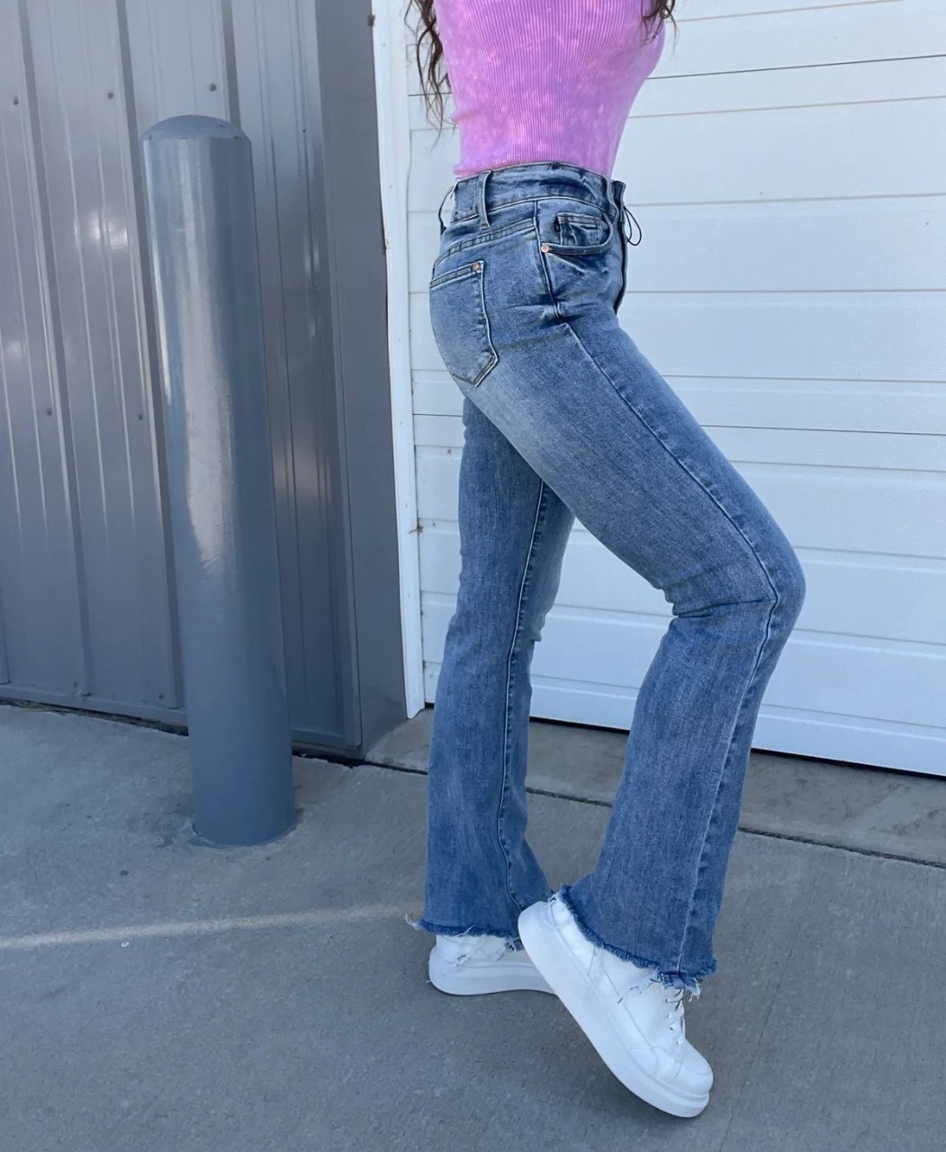 Judy Vintage Double Button Frayed Hem Bootcut Jeans (Buy 2 Free Shipping)